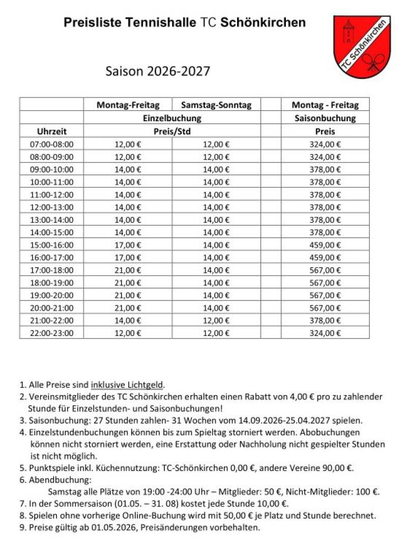 Preisliste 2026/2027 